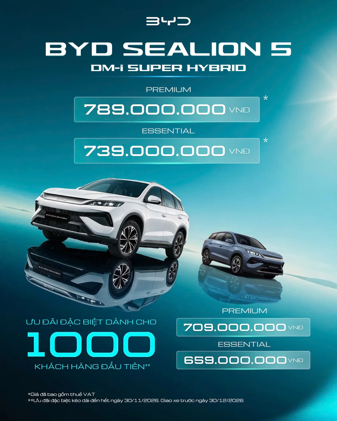 Poster công bố giá BYD Sealion 5: Premium 709 triệu, Essential 659 triệu cho 1.000 khách hàng đầu tiên